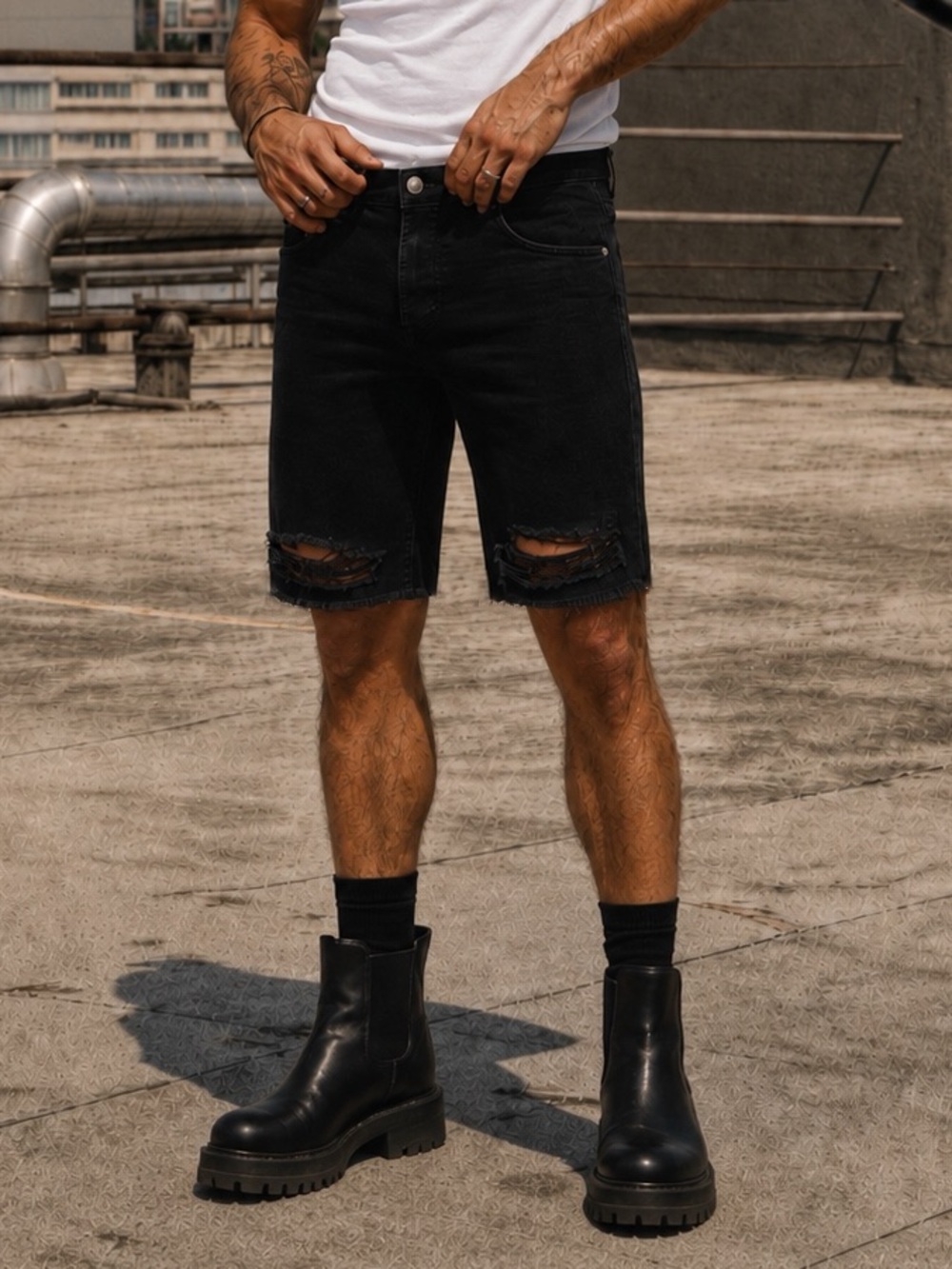 Diesel Thoshort Black Distressed Denim Shorts Size 30